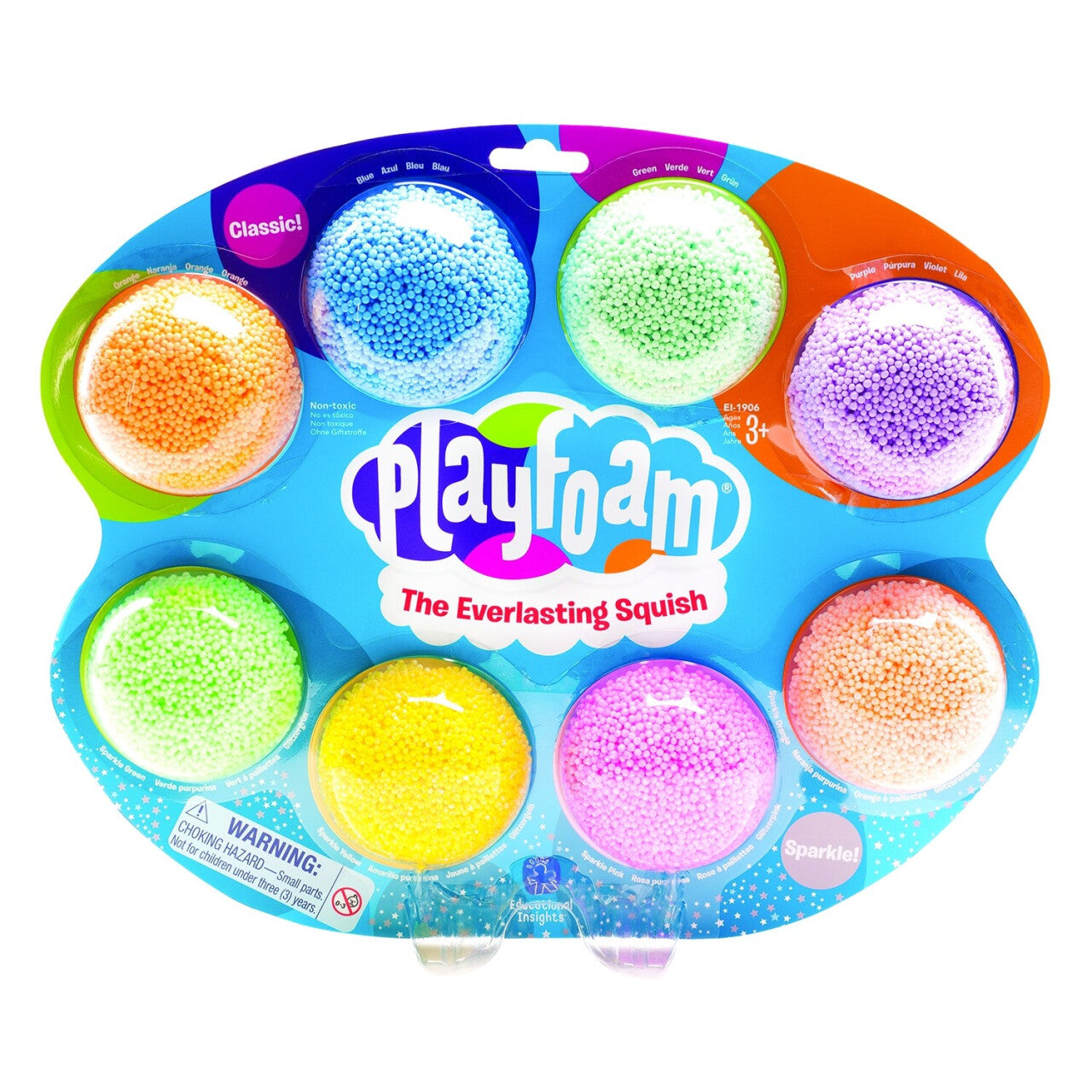 Förpackning med Playfoam i åtta olika färger, inklusive blå, grön, orange och lila. Playfoam är ett formbart och klämvänligt material för lek och kreativt skapande, rekommenderat för barn från 3 år och uppåt.