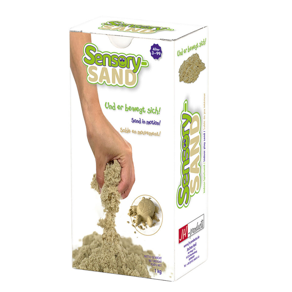 Förpackning med Sensory Sand som visar en hand som håller i rörlig sand. Texten på förpackningen säger ‘Sand in motion!’ och bilden visar en illustration av sand i användning.